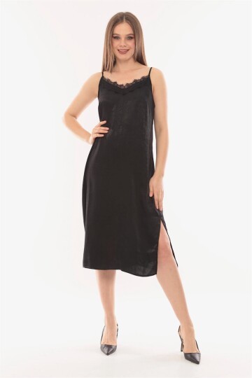 Kadın Askılı Yırtmaç Detay Sırt Bağlamalı Siyah Saten Spor Şık Curve Elbise