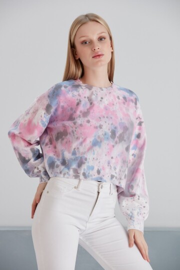 Kadın Batik Desen Crop Boy Mor Pembe Bej Triko Kazak