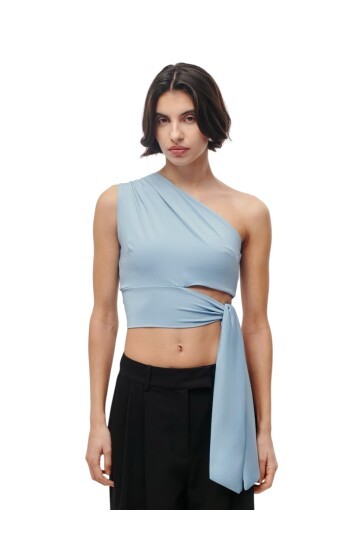 Kadın Belden Bağlama Detay Tek Kol Omzu Açık Spor Şık Rahat Kalıp Croptop Bluz