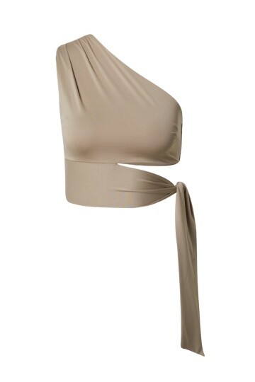 Kadın Belden Bağlama Detay Tek Kol Omzu Açık Spor Şık Rahat Kalıp Croptop Bluz