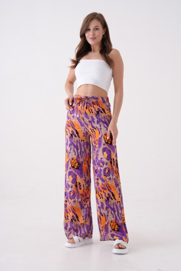 Kadın Beli Lastikli Yüksek Bel Rahat Kalıp Dokuma Viskon Kuşaklı Geniş Paça Curve Pantolon