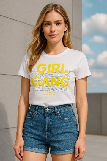 Kadın Bisiklet Yaka Baskılı Desenli Taşlı Spor Şık Yarım Kol Bluz