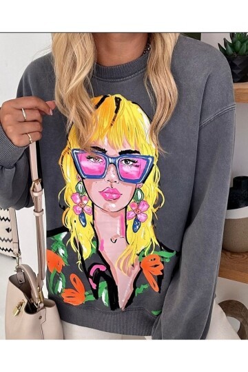 Kadın Bisiklet Yaka Dijital Baskı Comfort Renkli Desenli Sweatshirt