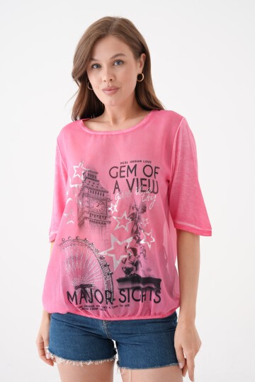 Kadın Bisiklet Yaka Kısa Kol Baskı Detaylı Spor Şık Curve Beli Lastikli Şifon Bluz