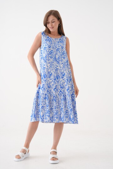 Kadın Bisiklet Yaka Kolsuz Eteği Volanlı Yazlık Desenli Büyük Beden Curve Dokuma Elbise