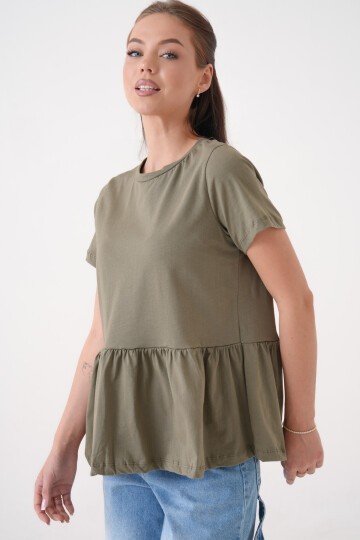 Kadın Bisiklet Yaka Yarım Kol Eteği Pileli Spor Şık Örme Rahat Kalıp Yazlık Bluz