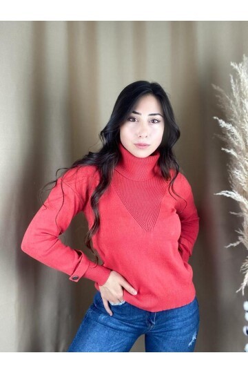 Kadın Boğazlı Uzun Kol Rahat Kalıp Triko Nar Çiçeği Kazak