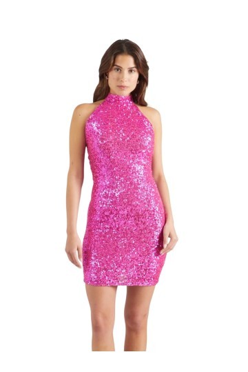 Kadın Boyundan Bağlamalı Fuşya Renk Kolsuz Tamamen Pul Payet Şık Abiye Mini Gece Elbisesi
