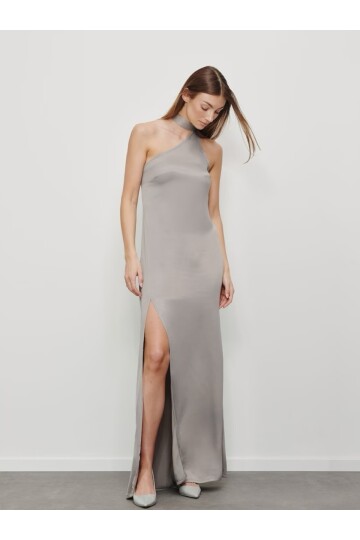 Kadın Boyundan Bağlamalı Vücudu Saran Maxi Sırtı Açık Saten Kolsuz Şık Yazlık Abiye Gece Elbise