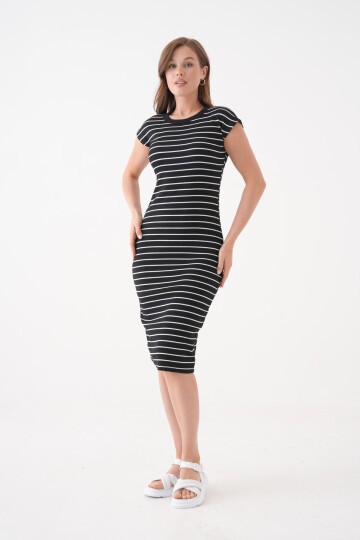 Kadın Çizgili Kolsuz Spor Şık Siyah Kaşkorse Pamuk Yazlık Elbise