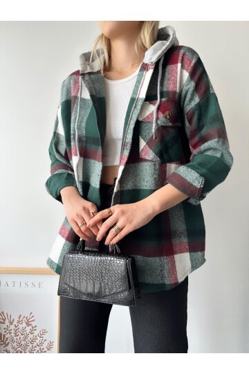 Kadın Çok Renkli Koyu Yeşil Oduncu Oversize Ceket Gömlek