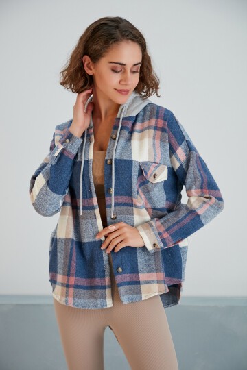 Kadın Çok Renkli Soft Mavi Oduncu Oversize Ceket Gömlek