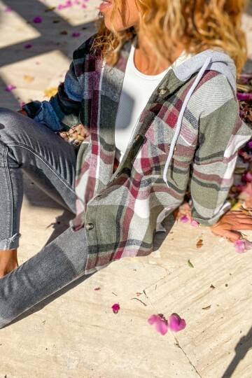 Kadın Desenli Renkli Oduncu Oversize Bol ve Geniş Kalıp Casual Çift Kapüşonlu Ceket Gömlek