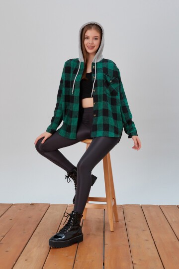 Kadın Desenli Renkli Oduncu Oversize Bol ve Geniş Kalıp Casual Çift Kapüşonlu Ceket Gömlek