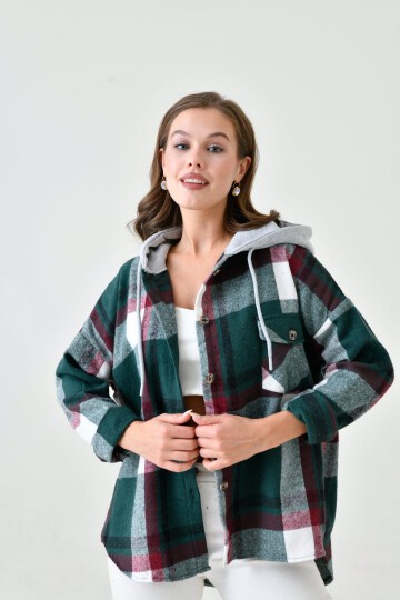 Kadın Desenli Renkli Oduncu Oversize Bol ve Geniş Kalıp Casual Çift Kapüşonlu Ceket Gömlek