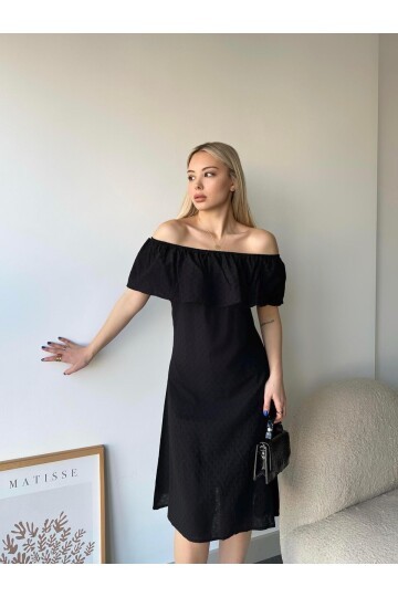 Kadın Dokulu Siyah %100 Pamuk Madonna Yaka Çan Etek Elbise