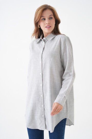 Kadın Gömlek Yaka Düğmeli Uzun Kol Tunik Boy Rahat Çizgili Curve Büyük Beden Tesettüre Uygun Gömlek