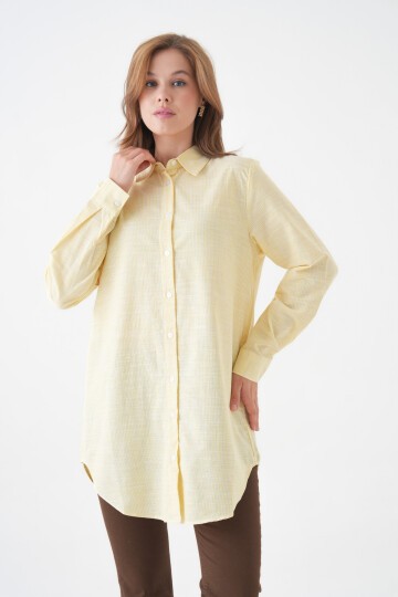 Kadın Gömlek Yaka Düğmeli Uzun Kol Tunik Boy Rahat Çizgili Curve Büyük Beden Tesettüre Uygun Gömlek