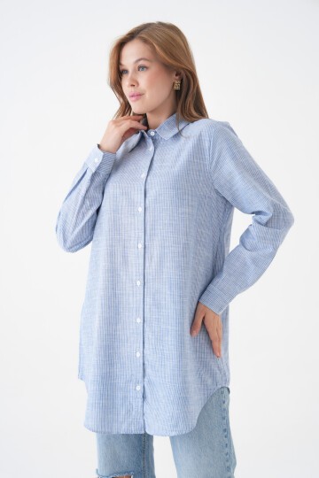 Kadın Gömlek Yaka Düğmeli Uzun Kol Tunik Boy Rahat Çizgili Curve Büyük Beden Tesettüre Uygun Gömlek