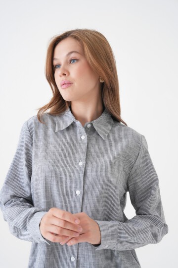 Kadın Gömlek Yaka Düğmeli Uzun Kol Tunik Boy Rahat Çizgili Curve Büyük Beden Tesettüre Uygun Gömlek