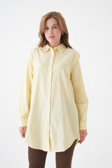 Kadın Gömlek Yaka Düğmeli Uzun Kol Tunik Boy Rahat Çizgili Curve Büyük Beden Tesettüre Uygun Gömlek