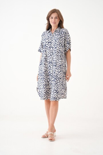 Kadın Gömlek Yaka Önden Düğmeli Kısa Kol Yazlık Desenli Büyük Beden Curve Yazlık Dokuma Elbise