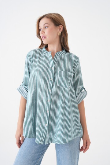 Kadın Hakim Yaka Geniş Kalıp Tesettüre Uygun Çizgili Spor Şık Curve Gömlek