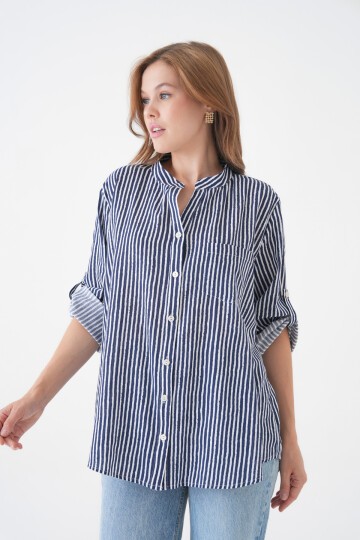 Kadın Hakim Yaka Geniş Kalıp Tesettüre Uygun Çizgili Spor Şık Curve Gömlek