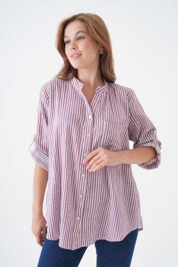 Kadın Hakim Yaka Geniş Kalıp Tesettüre Uygun Çizgili Spor Şık Curve Gömlek