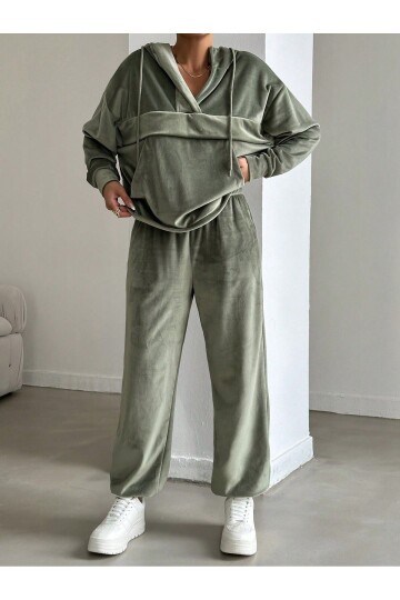 Kadın İthal Kadife Oversize Salaş Kangru Cep Kapşonlu Sweatshirt Lastik Paça Spor Şık Eşofman Takımı