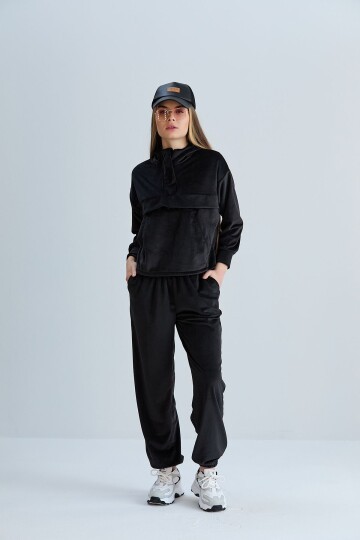 Kadın İthal Kadife Oversize Salaş Kangru Cep Kapşonlu Sweatshirt Lastik Paça Spor Şık Eşofman Takımı
