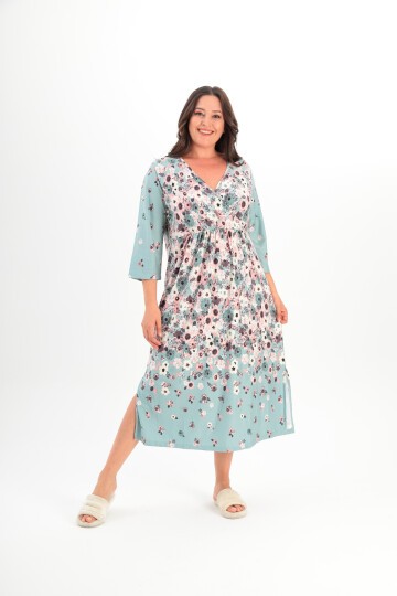 Kadın Kruvaze Yaka Rahat Kesim Truvakar Kol Desenli Viskon Günlük Midi Büyük Beden Elbise Gecelik