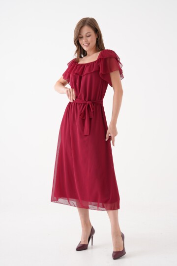 Kadın Madonna Yaka Kayık Omuz Midi Şık Büyük Beden Curve Astarlı Kuşaklı Şifon Elbise