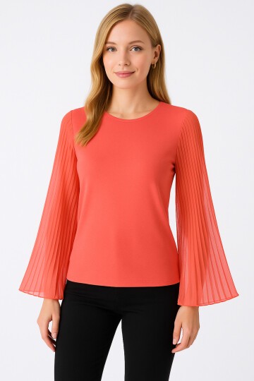 Kadın Nar Çiçeği Turuncu Kolları Tül Detaylı Büyük Beden Şık Bluz