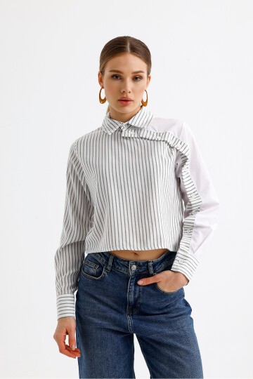 Kadın Özel Tasarım Yaka Kol Düğmeli Çizgi Garnili Crop Boy Bluz Gömlek