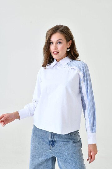 Kadın Özel Tasarım Yaka Kol Düğmeli Çizgi Garnili Tesettüre Uygun Bluz Gömlek