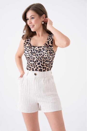 Kadın Pamuk Keten Kendinden Dokulu Yazlık Spor Şık Maya Keten Şort