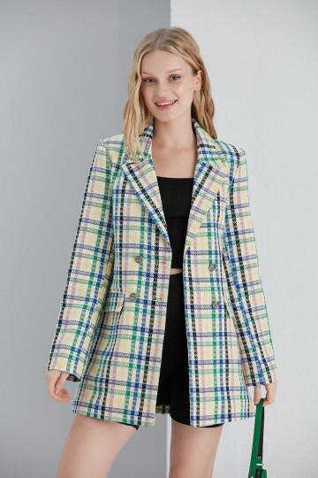 Kadın Şanel Kumaş Spor Şık Beyaz Çok Renkli Çizgili Blazer Ceket