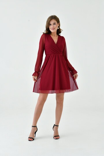 Kadın Şifon Kruvaze Curve Volanlı Esnek Tül Uzun Kol Şık Büyük Beden Elbise