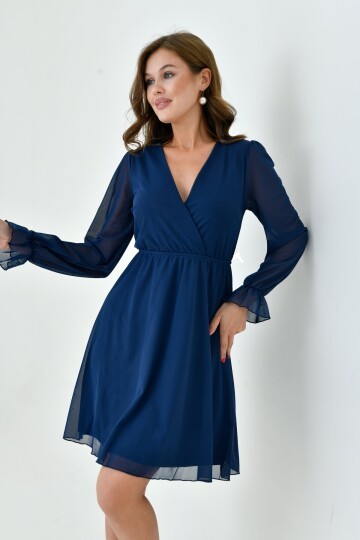 Kadın Şifon Kruvaze Curve Volanlı Esnek Tül Uzun Kol Şık Büyük Beden Elbise