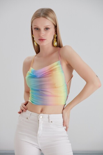 Kadın Sırtı Açık Bağlamalı Tül Degaje Yaka Spor Şık Tasarım Gökkuşağı Croptop Büstiyer