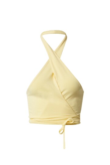 Kadın Sırtı Açık Kruvaze Bağlamalı Göğüs Dekolteli Sarı Tasarım Croptop Büstiyer Bluz