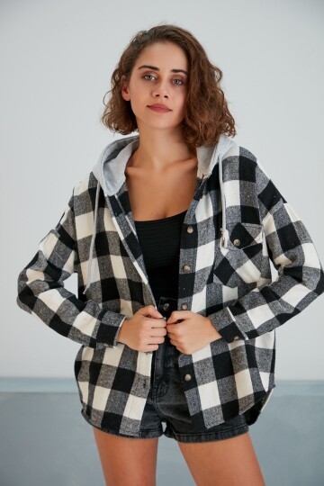 Kadın Siyah Beyaz Oduncu Oversize Ceket Gömlek