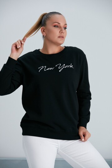 Kadın Siyah New York Yazılı Büyük Beden Sweatshirt