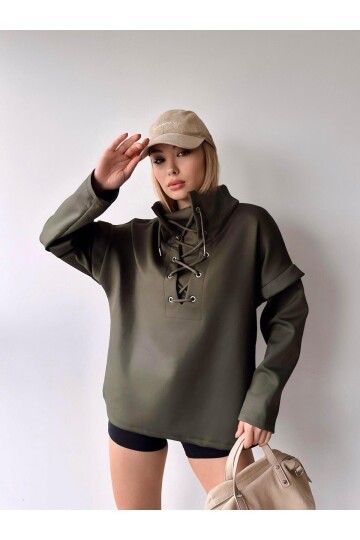 Kadın Tasarım Bağcıklı Yaka Super Şık Trend Scuba Sweatshirt