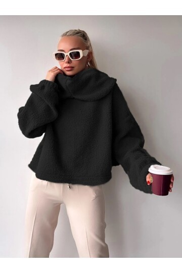 Kadın Tasarım Peluş Dökme Yaka Spor Şık Rahat Crop Sweat Curve Kazak