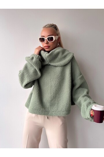 Kadın Tasarım Peluş Dökme Yaka Spor Şık Rahat Crop Sweat Curve Kazak