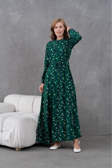 Kadın Tesettüre Uygun Desenli Uzun Kol Beli Bağcıklı Maxi Boy Rahat Büyük Beden Şık Pamuk Elbise