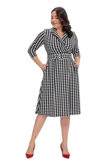 Kadın Truvakar Kol Gömlek Yaka Kemerli Kazayağı Desenli Çan Etekli