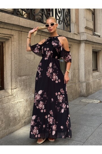 Kadın Tül Detaylı Omzu Açık Şık Rahat Kalıp Büyük Beden Abiye Elbise